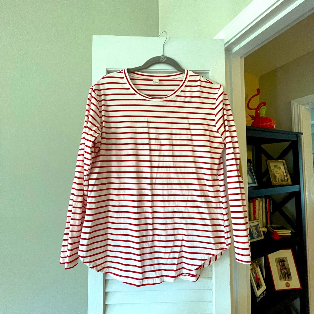 Red & white long sleeve with suede patch on elbow. Large